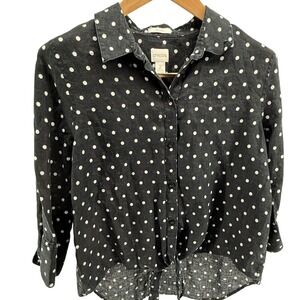 Chico's No‎ Iron Dk Blue White Polka Dot Button Down Tie Front Shirt Size 2